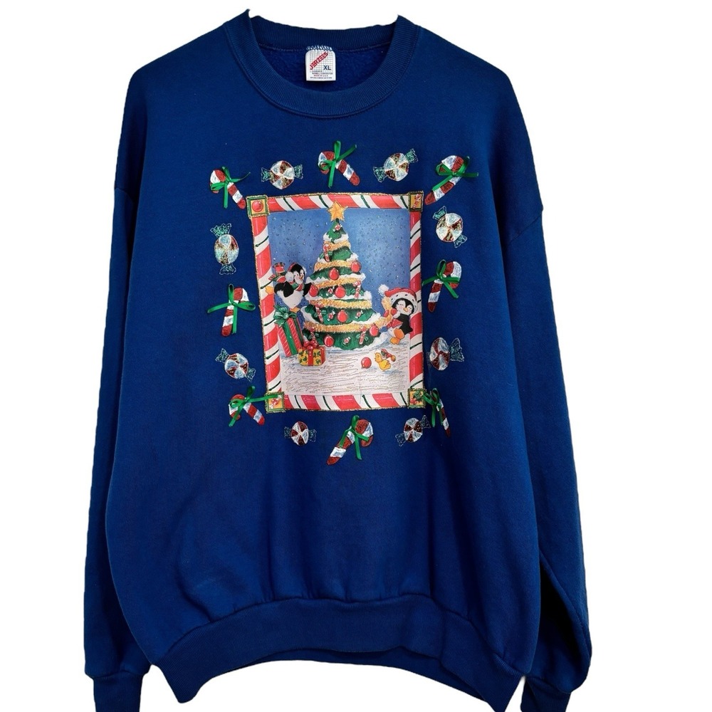 Vintage Jerzees Sweatshirt Womens Size XL Blue Penguins Tree Candy Canes Ugly